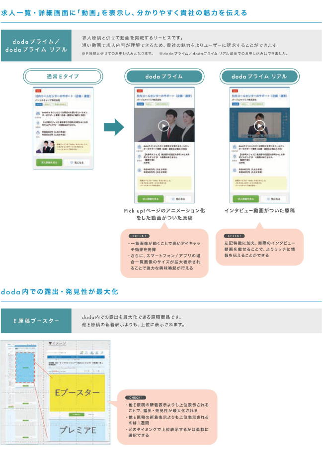 doda求人情報サービスオプション：求人原稿と合わせて動画を掲載する「dodaプライム」、doda内で露出を最大化できる「E原稿ブースター」をご用意。